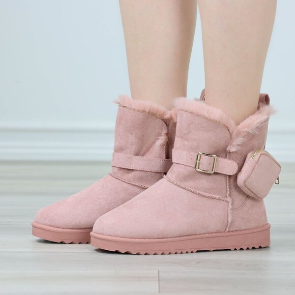 Womens Warm Fuzzy Ankle Booties Super Cozy Fully Lined Faux Pink Suede Pocket - Picture 3 of 14